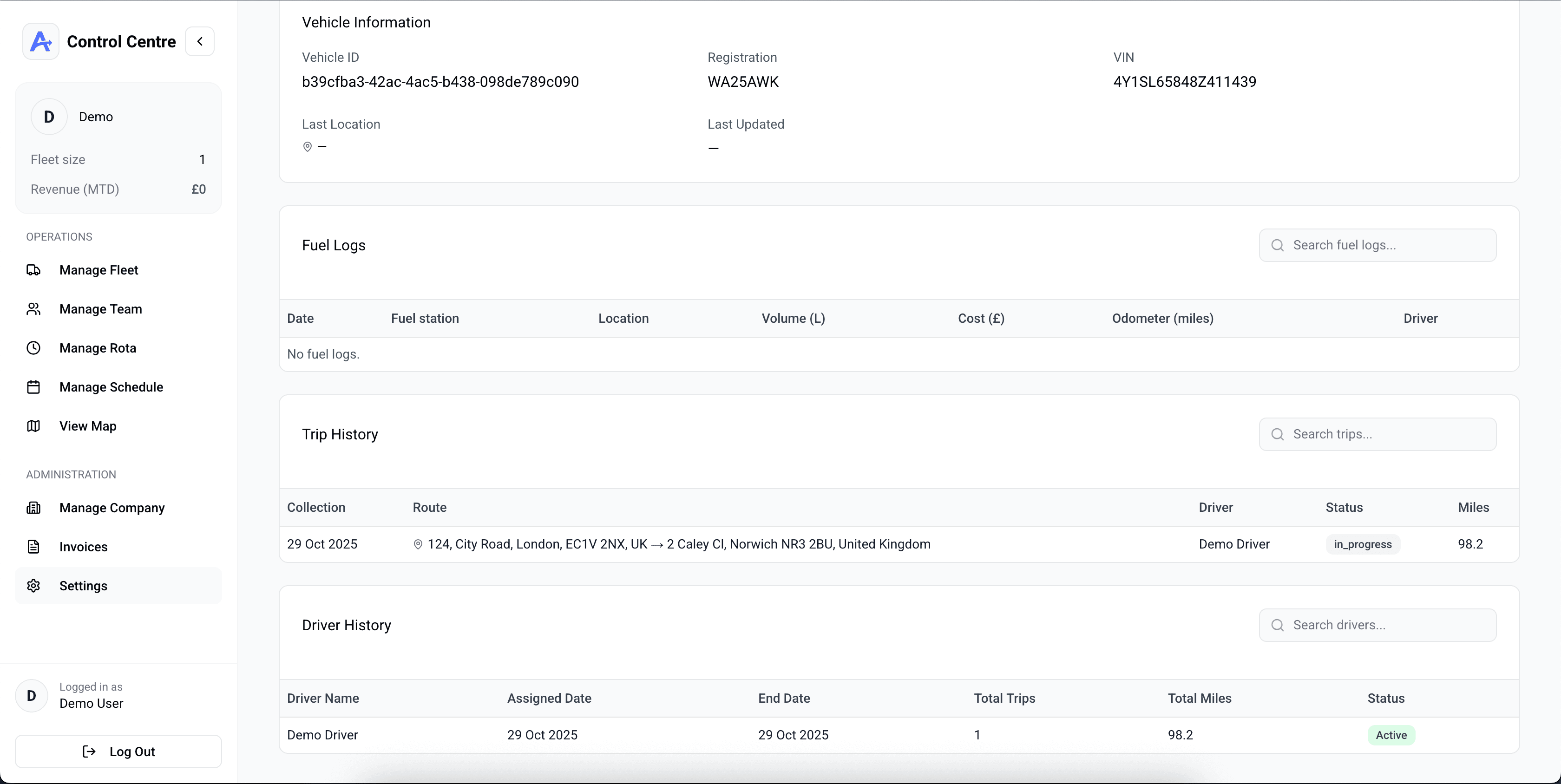 Averion TMS real-time fleet dashboard feature screenshot showing complete visibility at a glance. - Monitor your fleet live from a single, intuitive dashboard. See vehicle positions, driver statuses, 