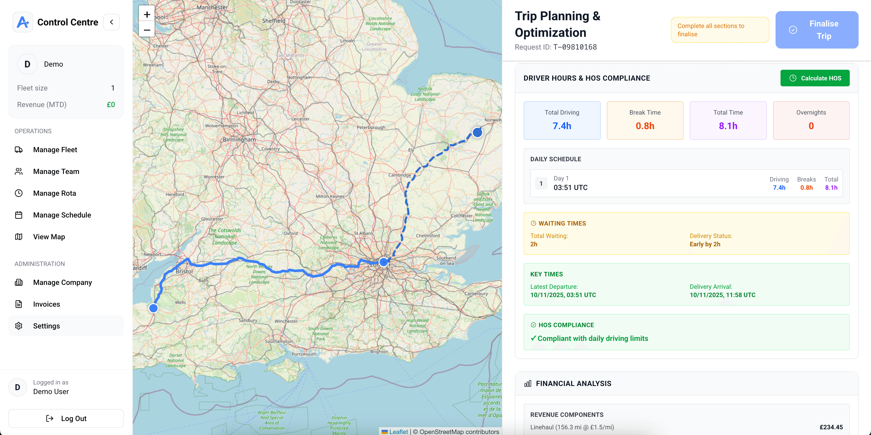Averion TMS transport management system dashboard showing real-time fleet tracking, route optimization, and trip management interface for UK and EU logistics operations
