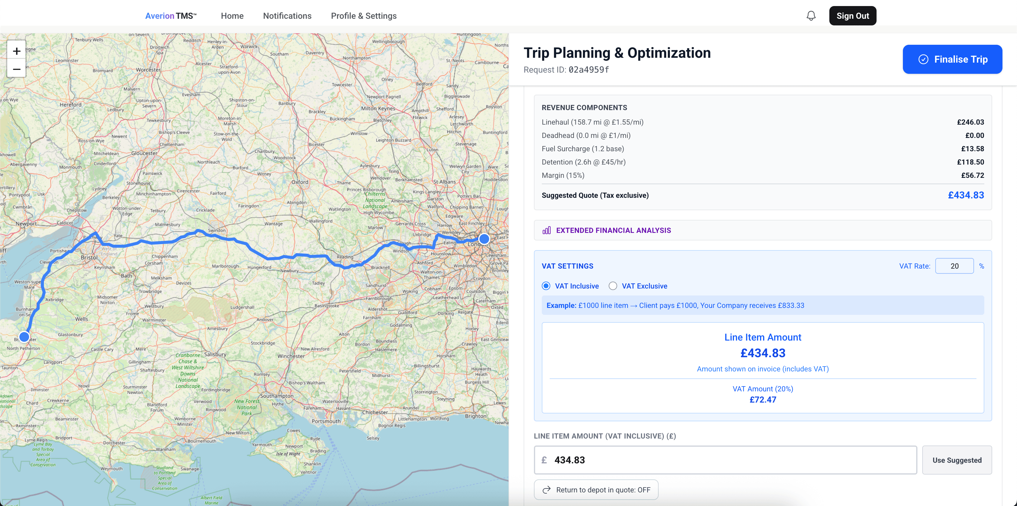 Averion TMS smart route optimisation and quoting feature screenshot showing cut miles, not profits. - Plan and optimise routes in seconds with UK/EU-specific traffic, rest regulations, and toll zones. A