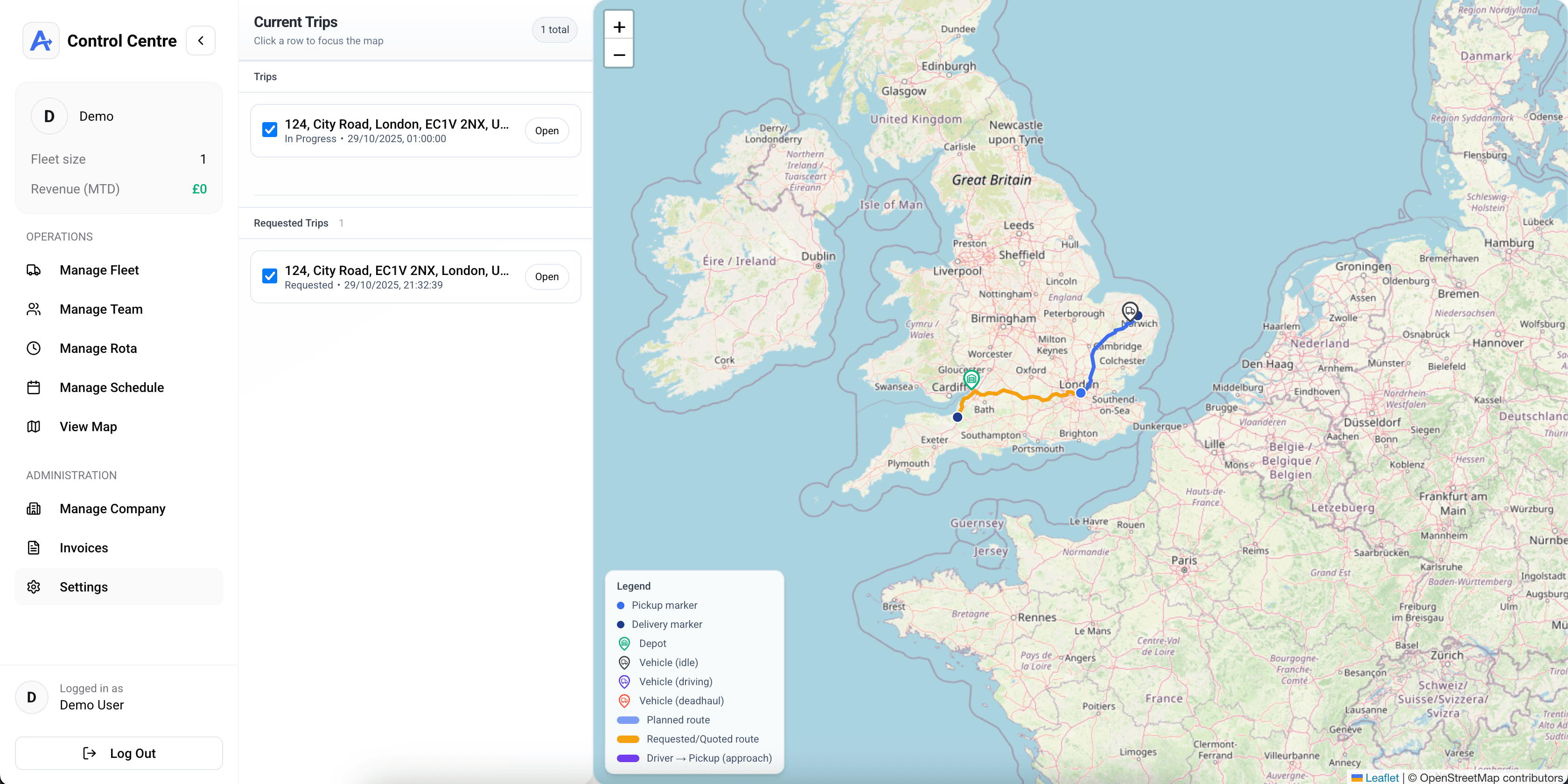Averion TMS fleet management map view displaying real-time vehicle locations, route optimization paths, and geographic coverage for UK and EU transport operations