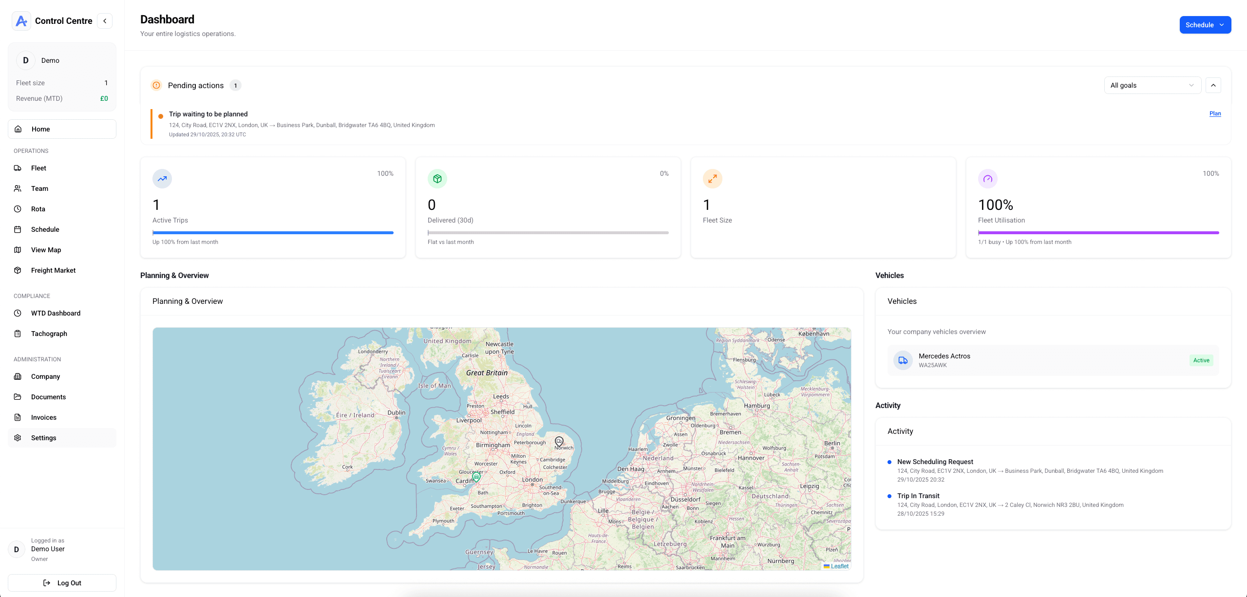 Averion TMS comprehensive dashboard interface displaying fleet management analytics, real-time vehicle tracking, route optimization maps, and transport operations overview for logistics companies