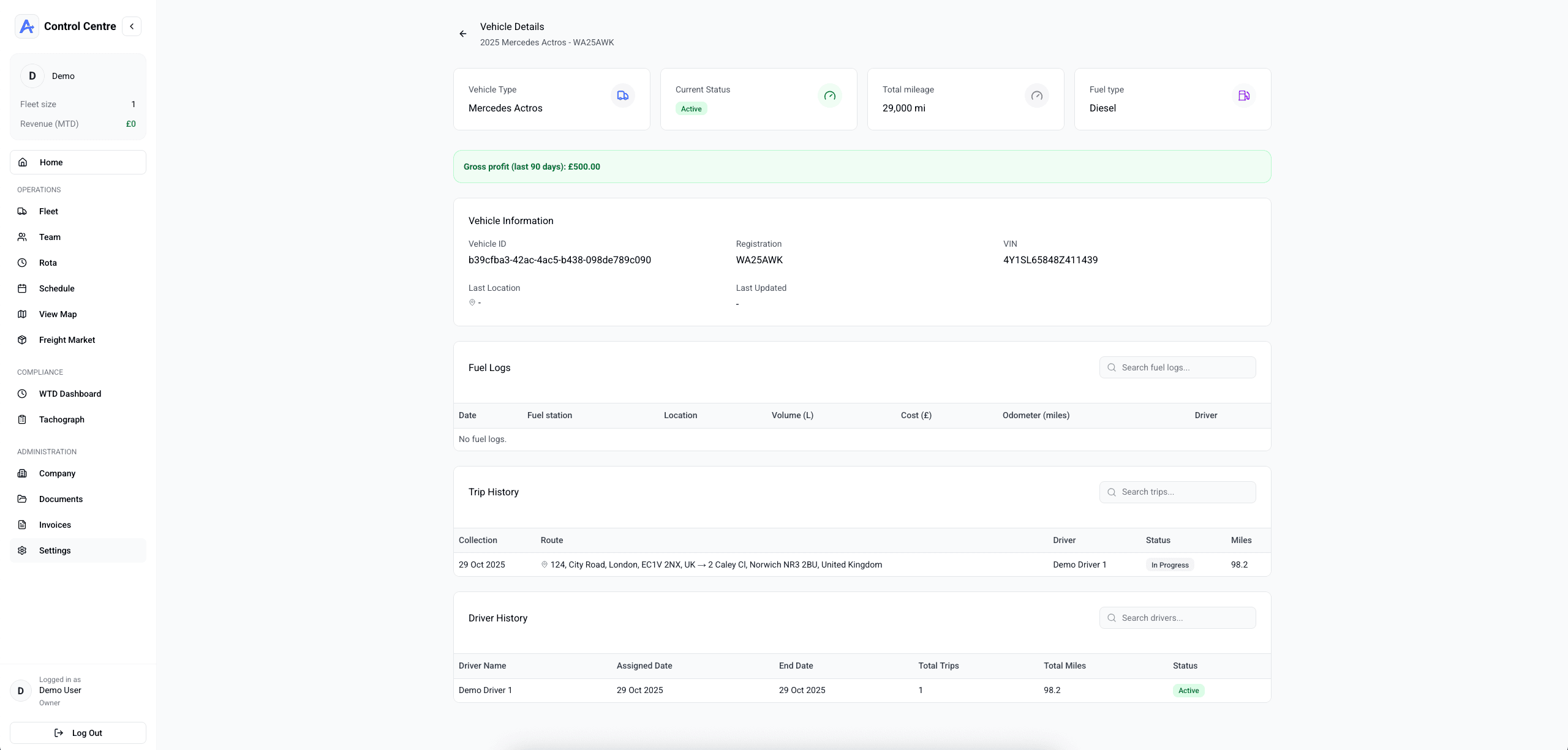 Averion TMS complete visibility at a glance. feature screenshot showing real-time fleet dashboard - Monitor your fleet live from a single, intuitive dashboard. See vehicle positions, driver statuses,