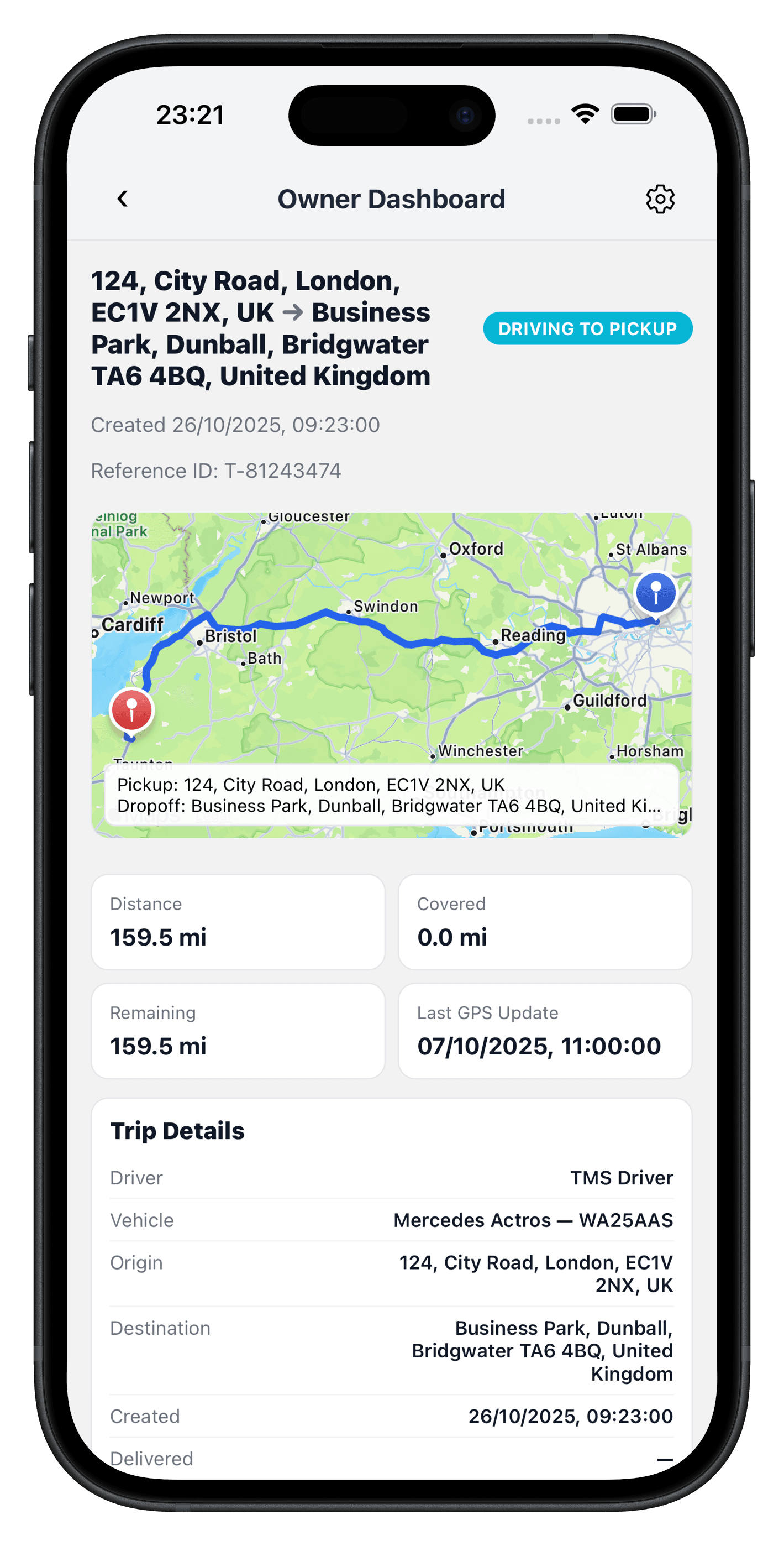 Averion TMS owner dashboard showing trip details, route tracking, and driver information on mobile device