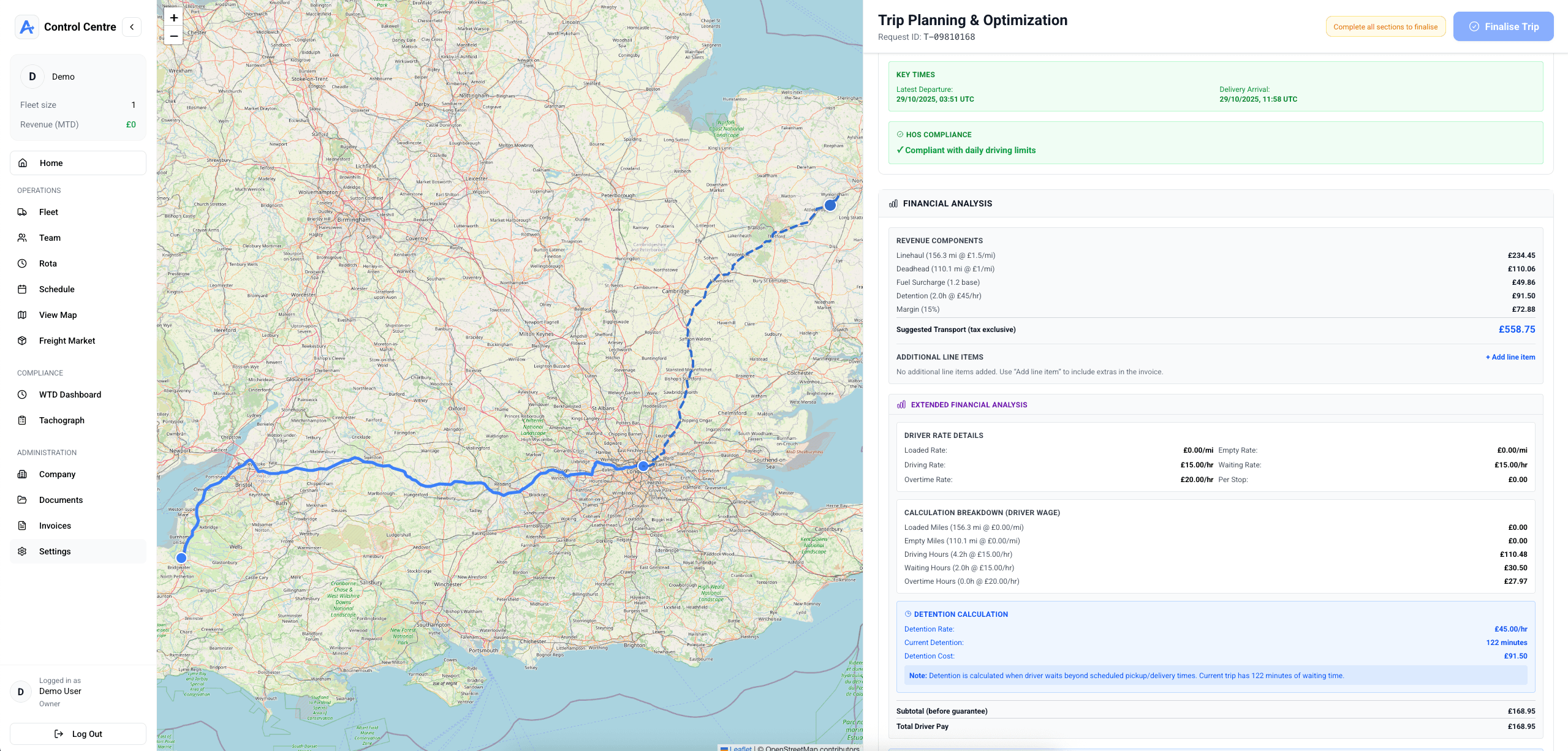 Averion TMS transport management system dashboard showing real-time fleet tracking, route optimization, and trip management interface for UK and EU logistics operations